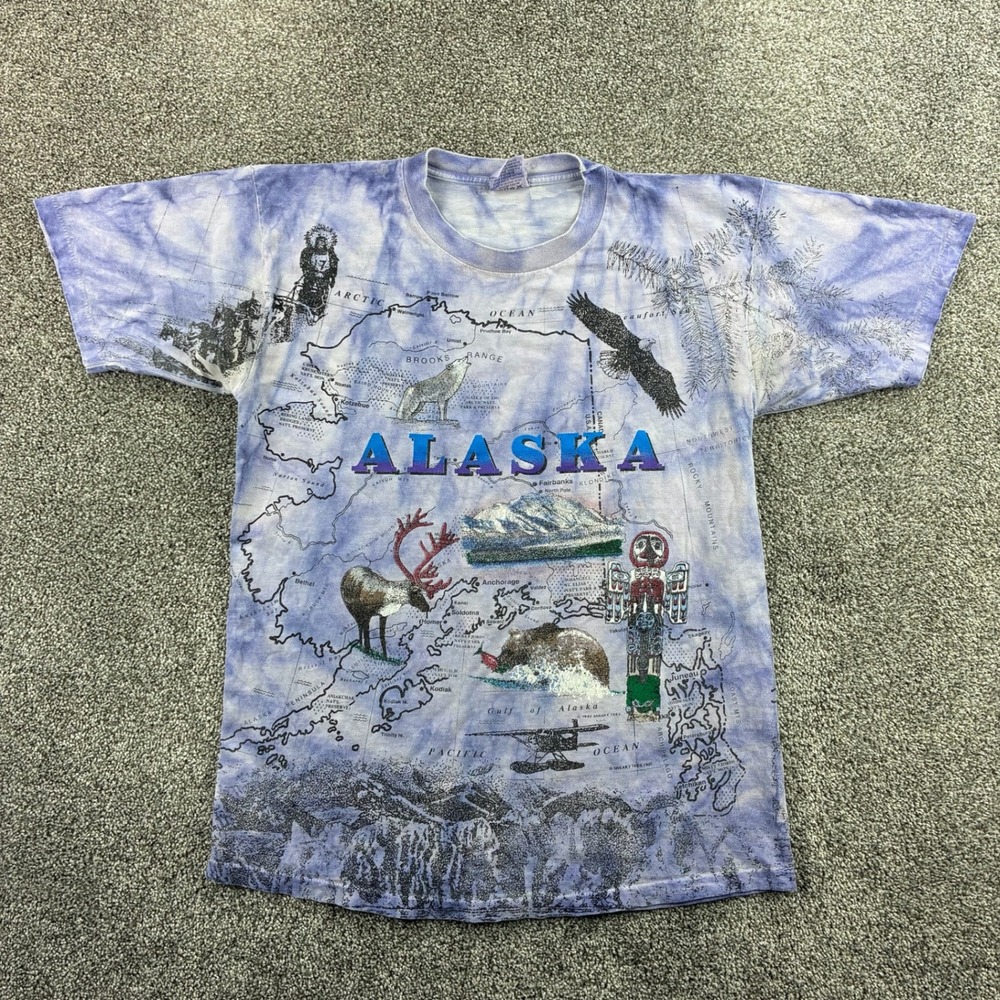 Vintage Alaska Map Shirt Mens Large Purple All‎ Over Print Nature USA Made